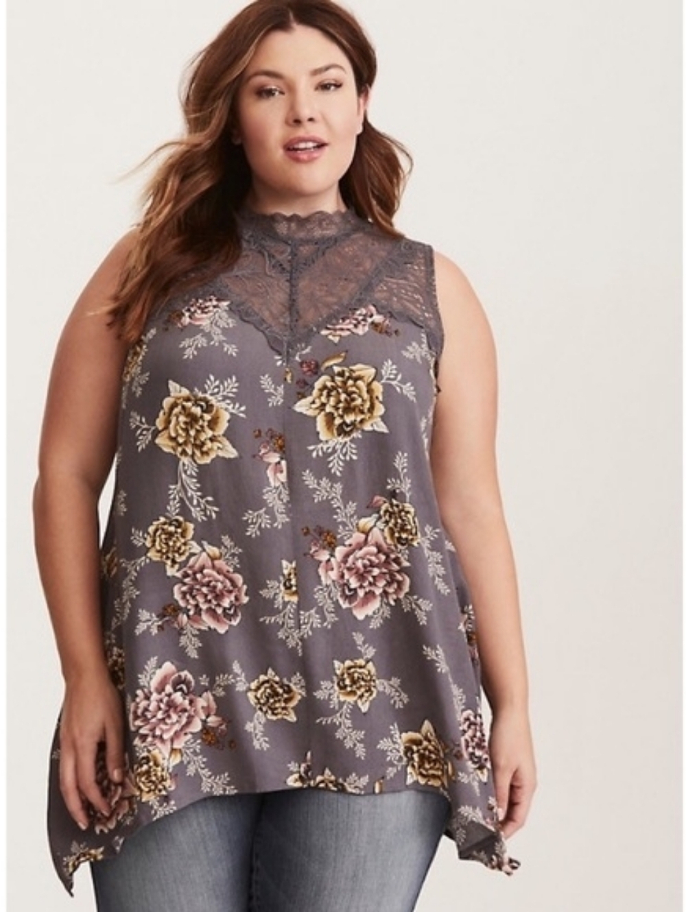 Torrid Gray Floral Print Lace Inset Crepe Tank Top Plus Size 1 1x